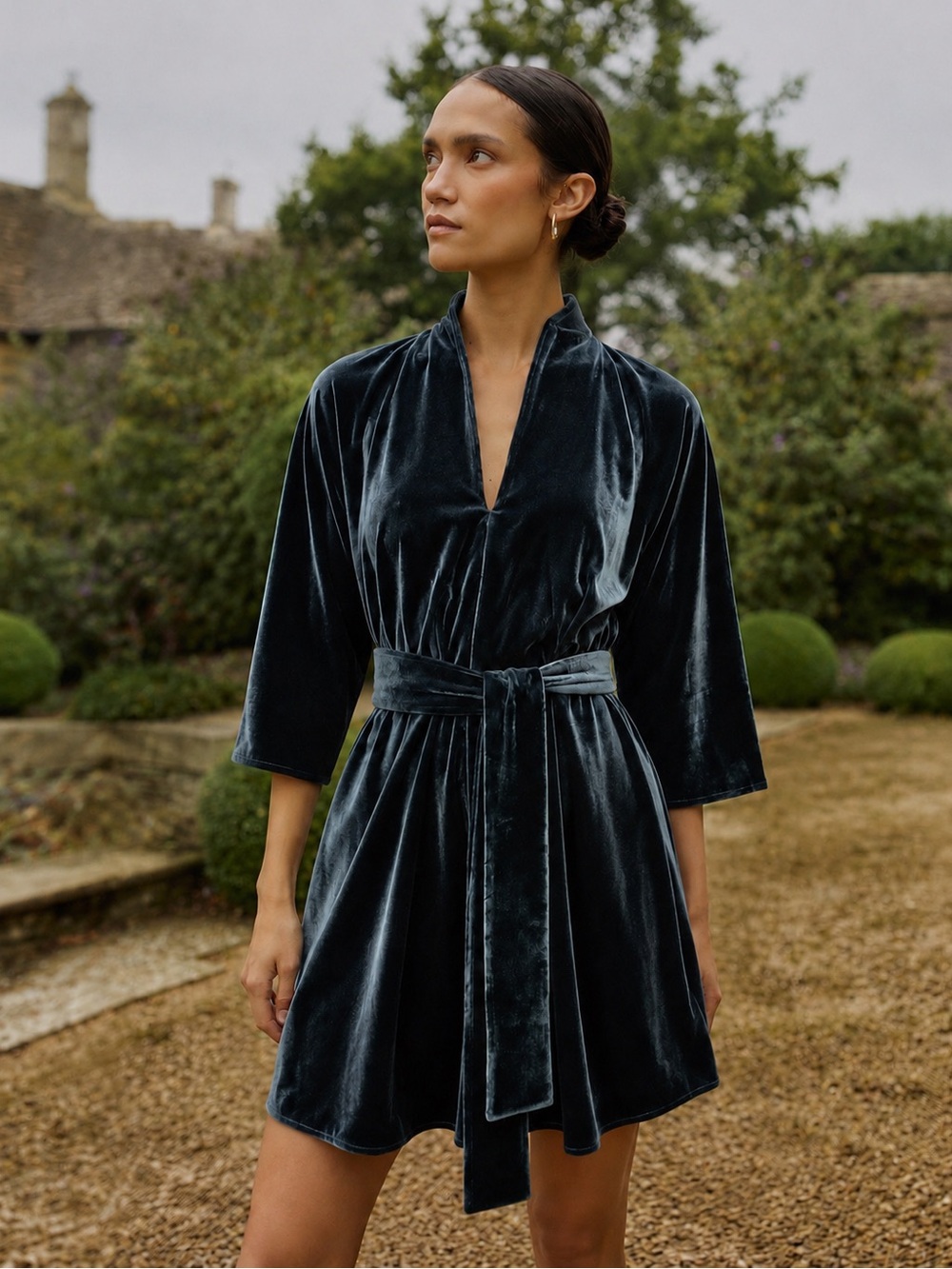 Zara Velvet V neck dress with Tie Belt - Black/green